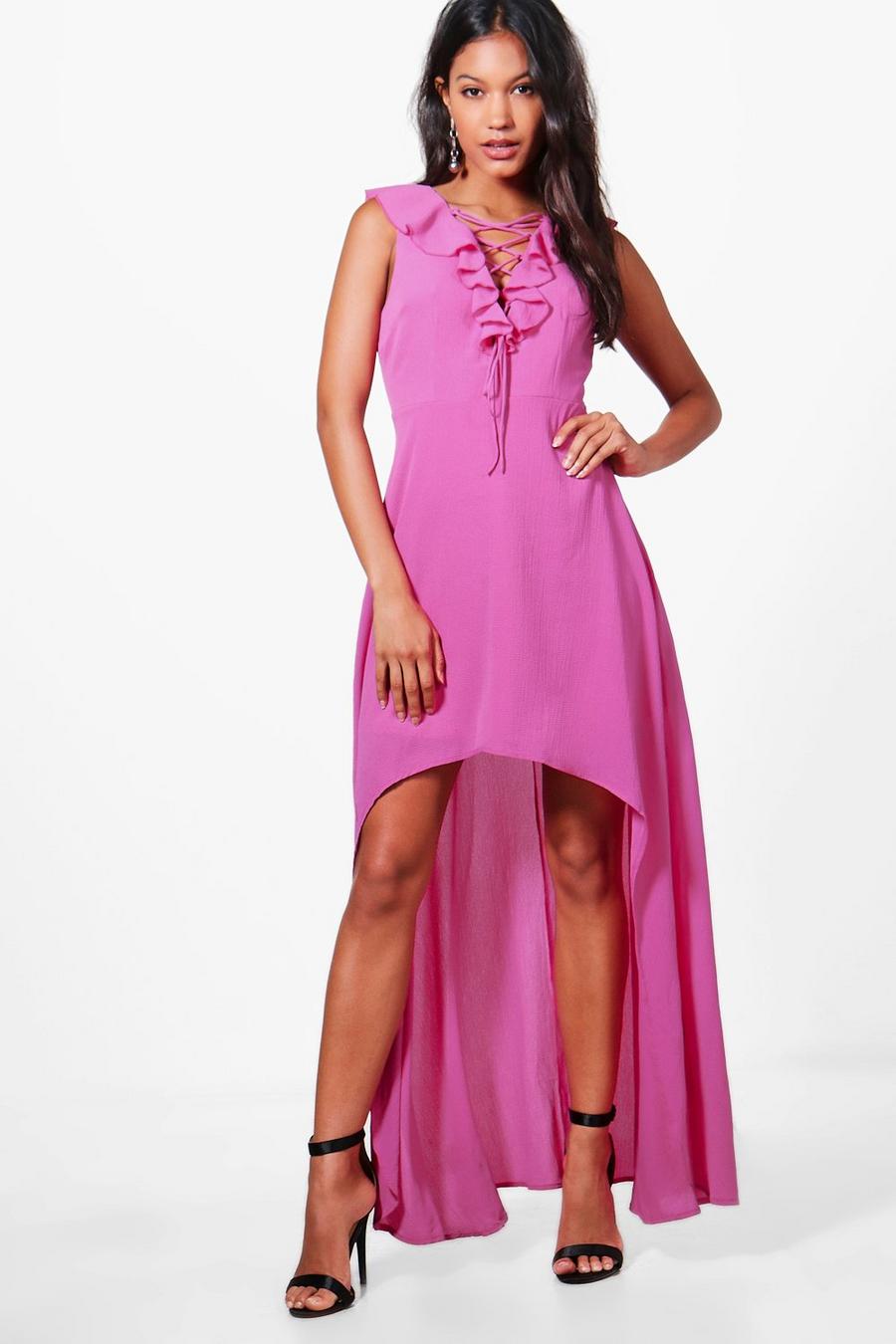 Magenta Lace Up Ruffle High Low Maxi Dress image number 1