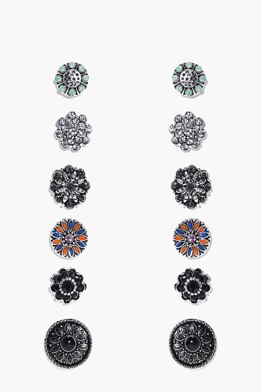 Multi Floral Stone Stud 6 Earring Set
