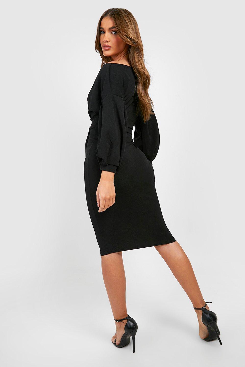 boohoo petite bardot wrap bodycon midi dress in black