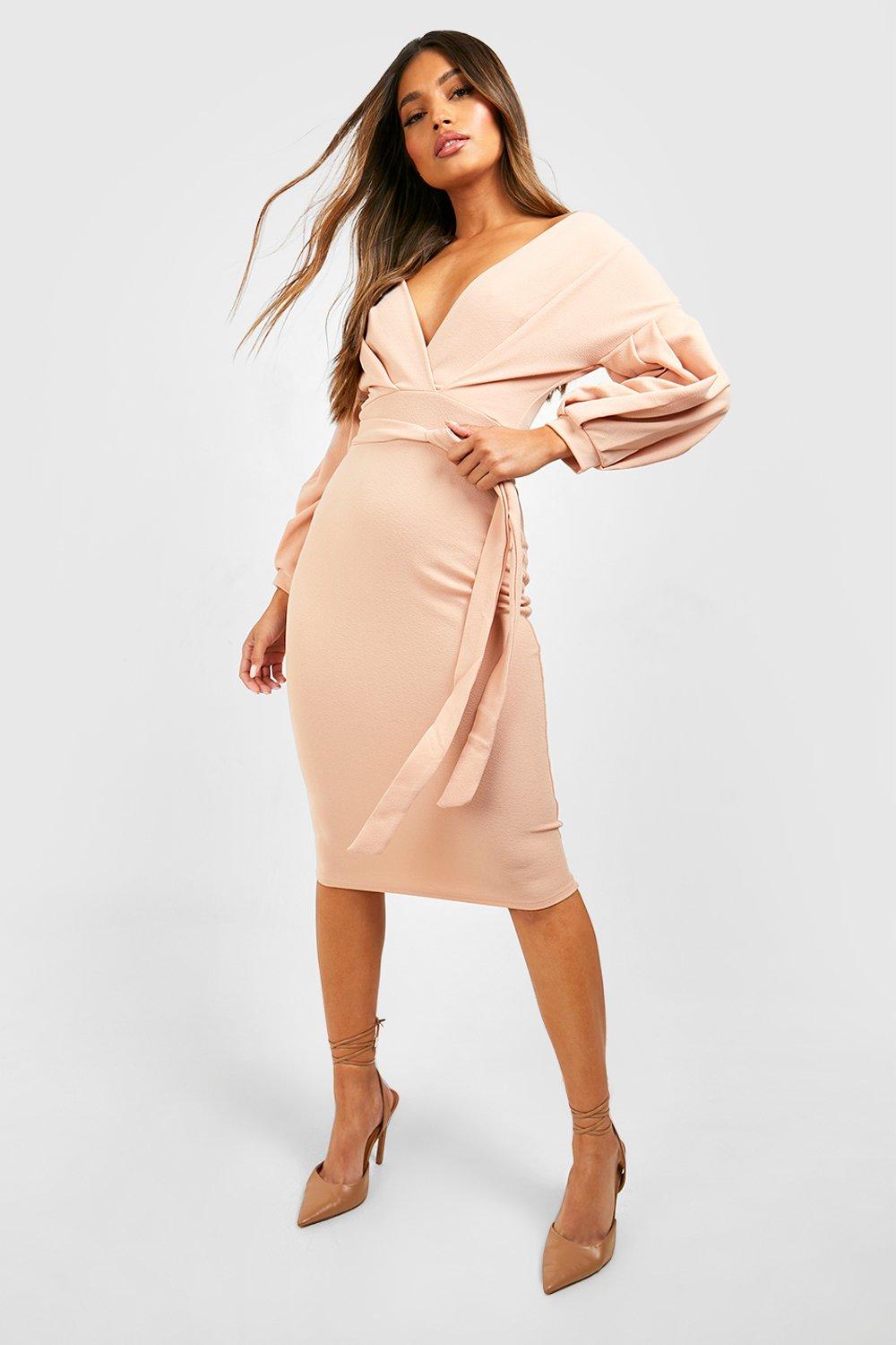 Boohoo off shoulder wrap dress sale