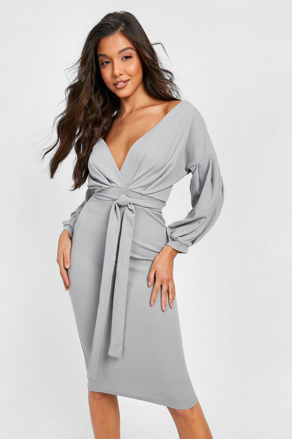 off the shoulder wrap midi bodycon dress