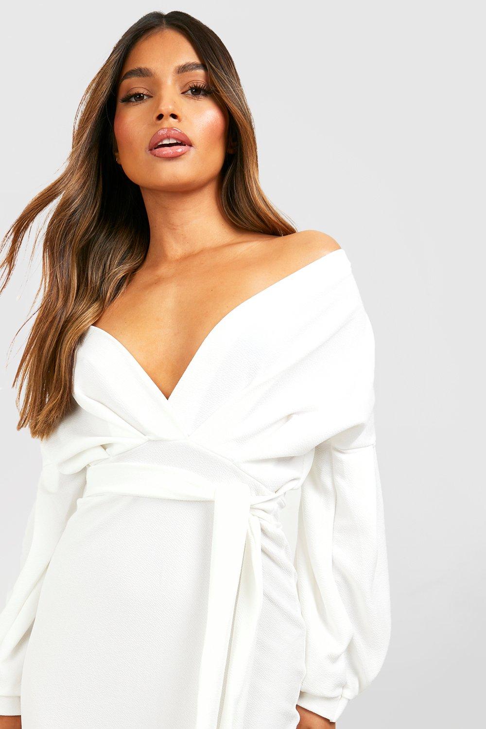 off the shoulder wrap midi dress boohoo review