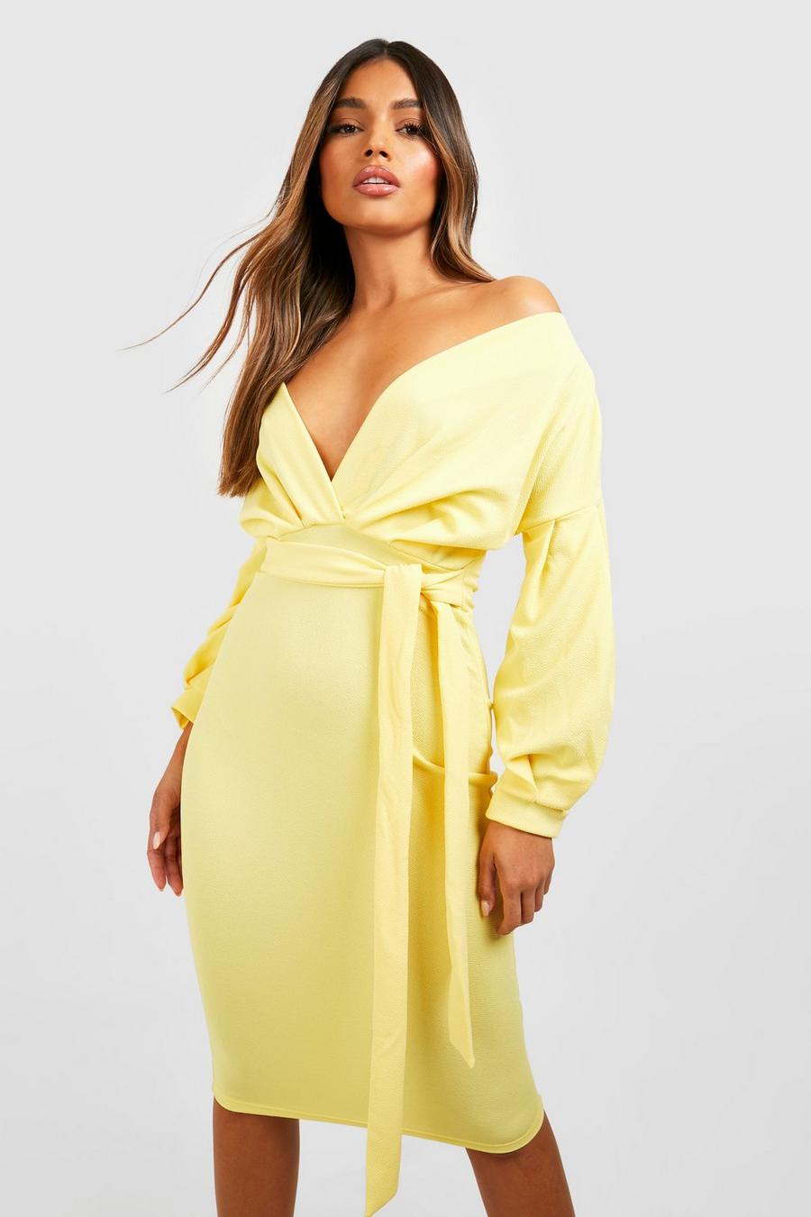 Lemon yellow Off The Shoulder Wrap Midi Bodycon Dress