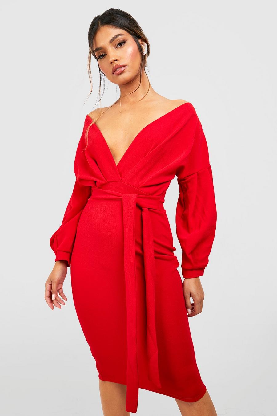 Red Off The Shoulder Wrap Midi Bodycon Dress