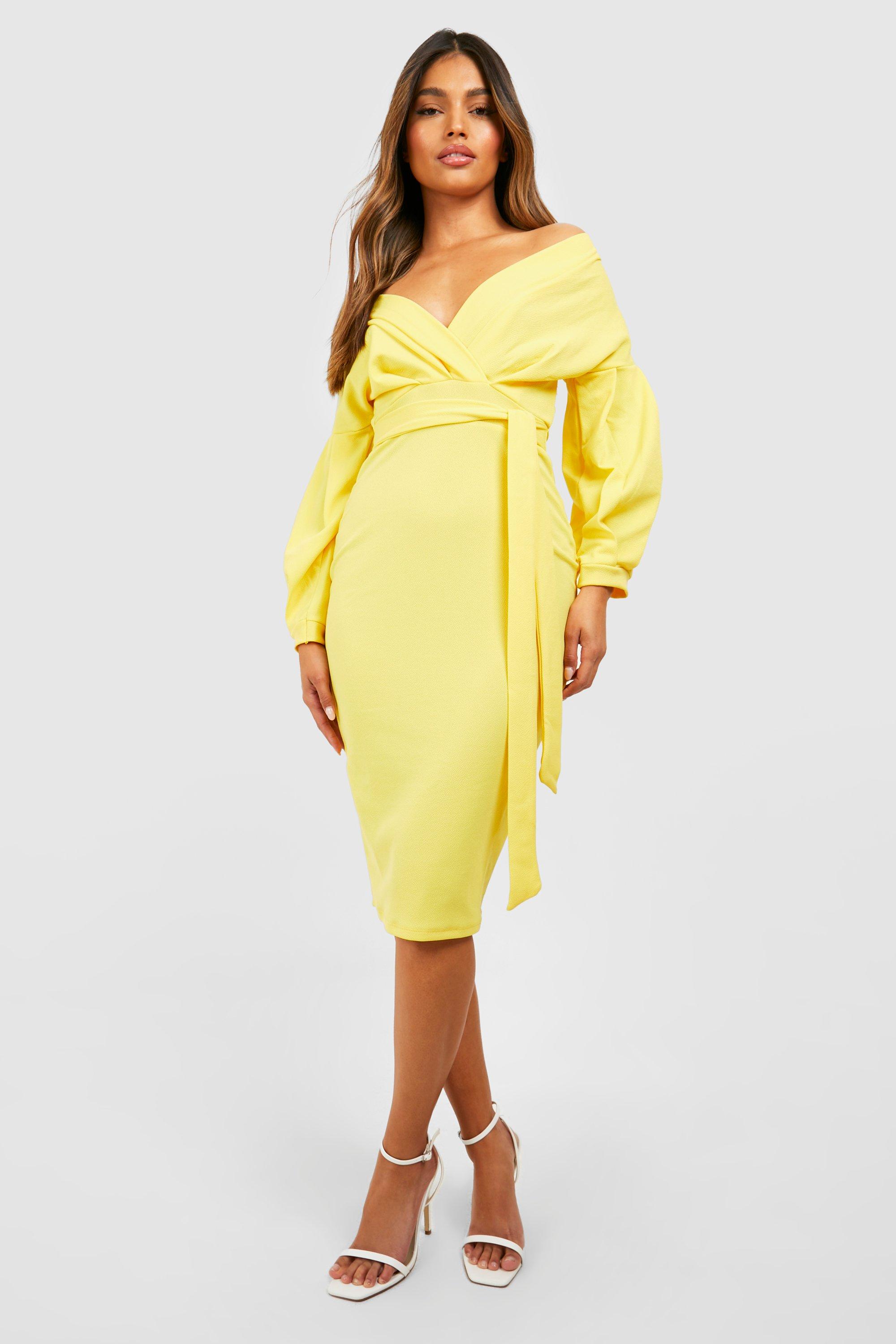 Boohoo off the cheap shoulder wrap midi dress