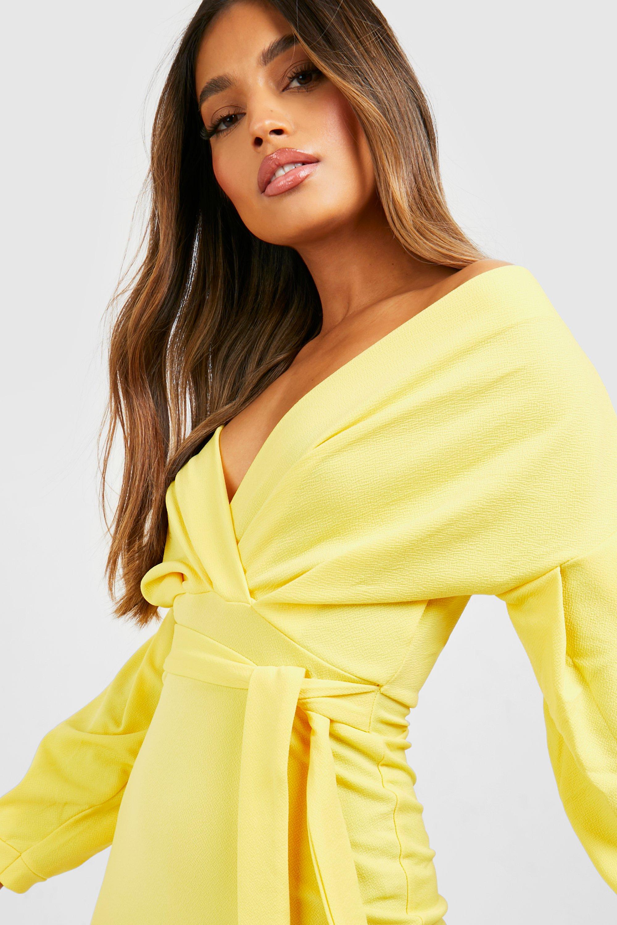 Off the shoulder hotsell wrap midi dress boohoo