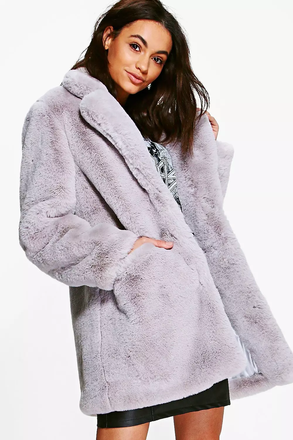 Boohoo grey fur coat hotsell