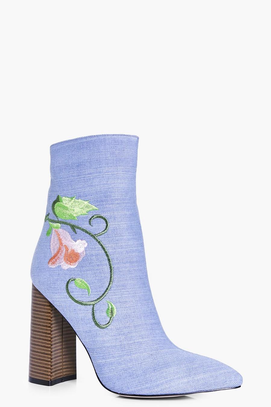 Blue Amber Denim Embroidered Sock Boot image number 1