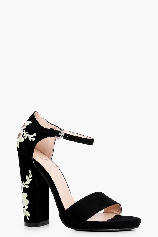 Black Red Embroidered Roses Strappy High Block Heels Sandals