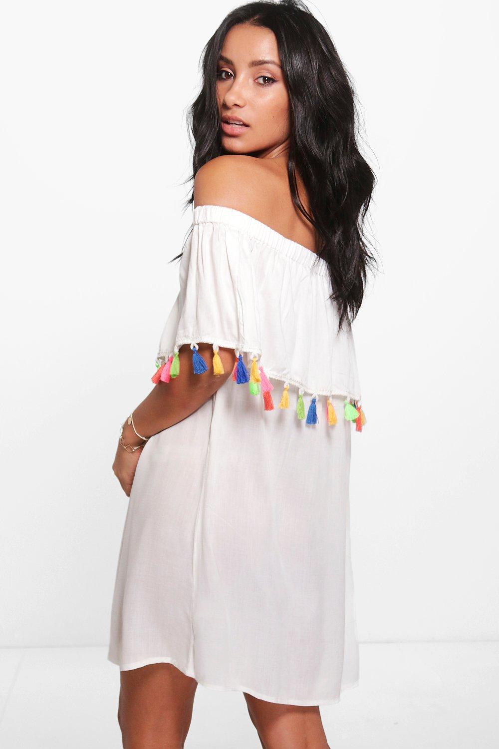 off the shoulder tassel dress