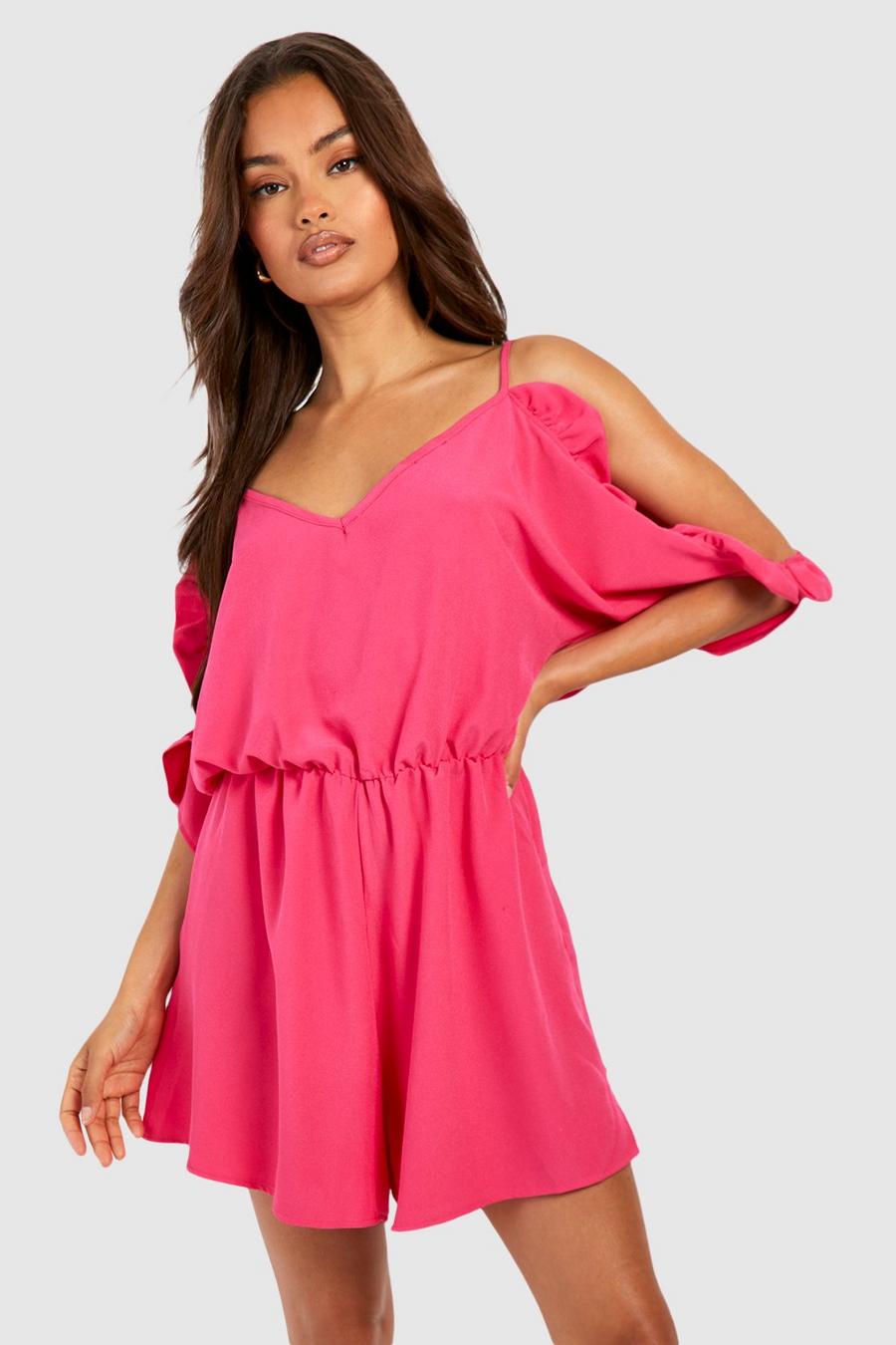 Schulterfreier Basic Playsuit, Hot pink image number 1
