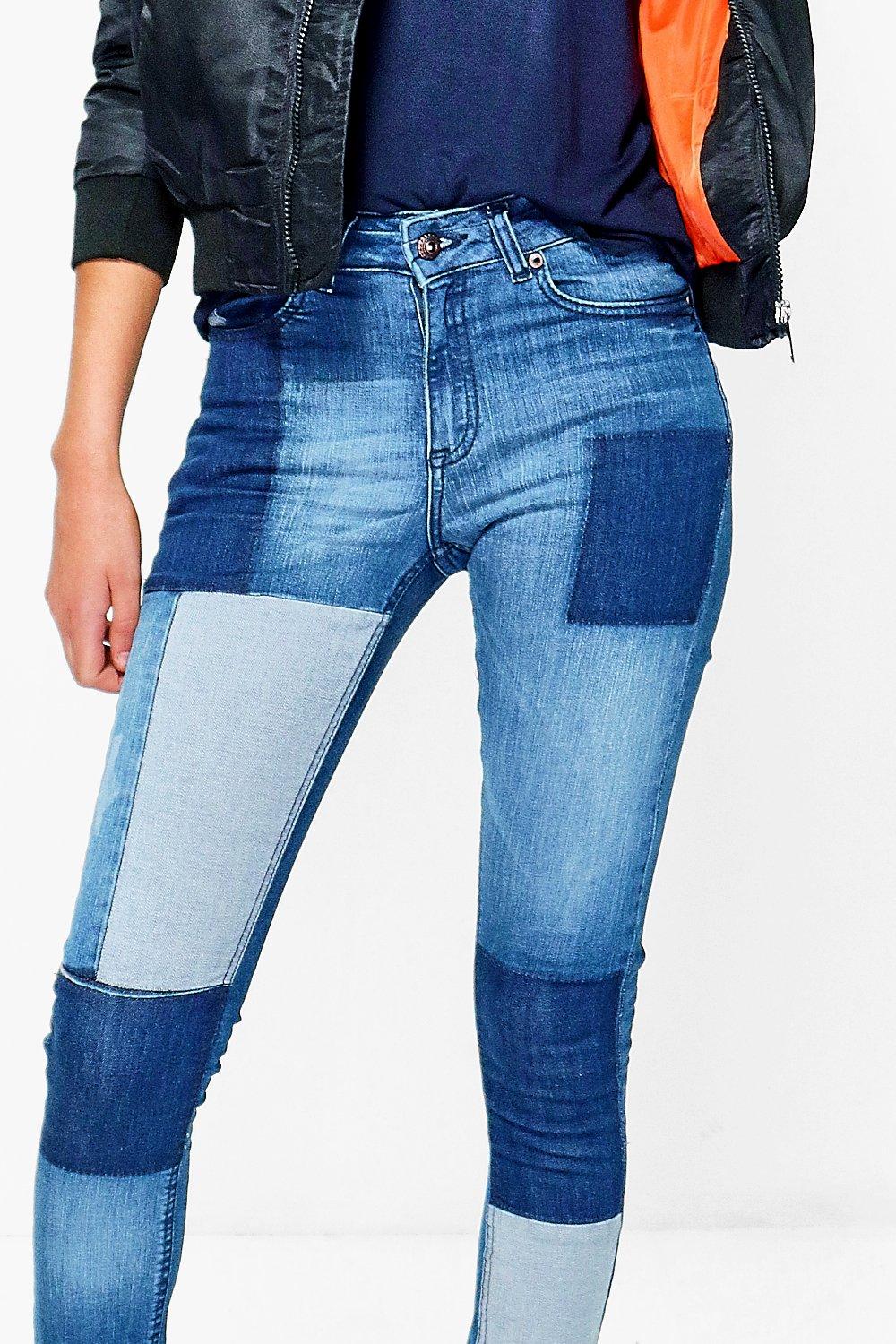 Rosina Mid Rise Patchwork Skinny Jeans Boohoo Nederland