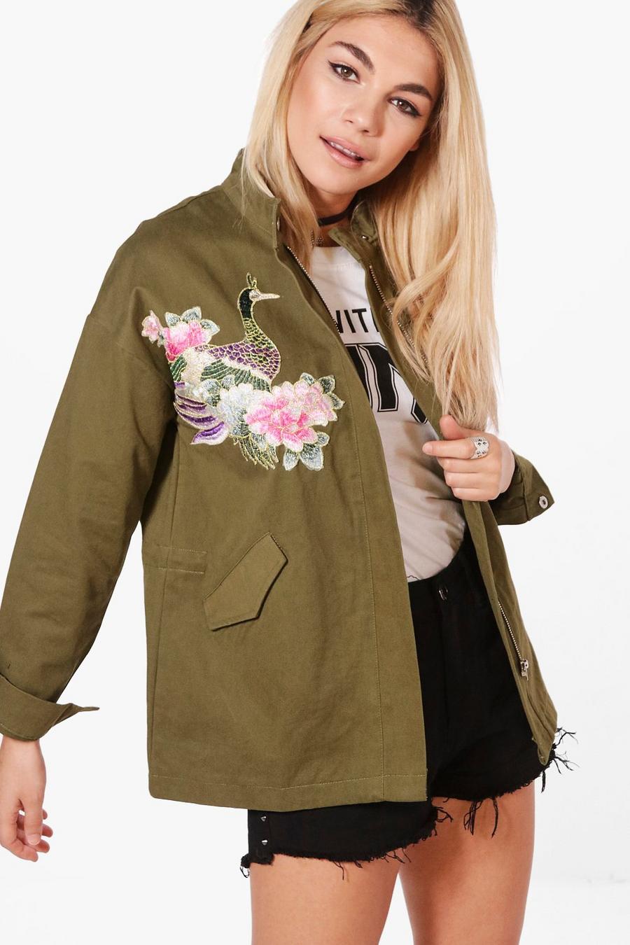 lucy boutique giacca in stile da lavoro a ricami floreali, Kaki image number 1