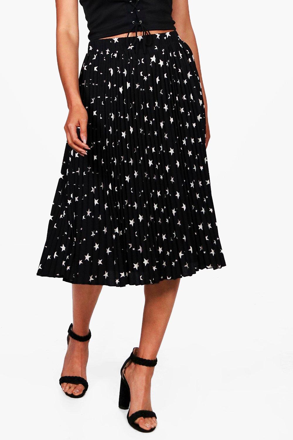 Maya Pleated Star Print Midi Skirt boohoo