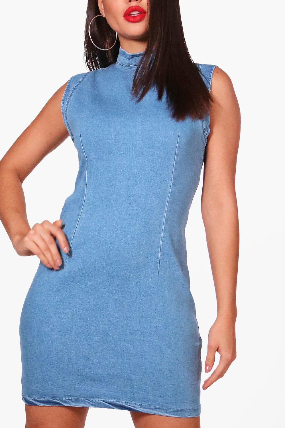 high neck denim dress