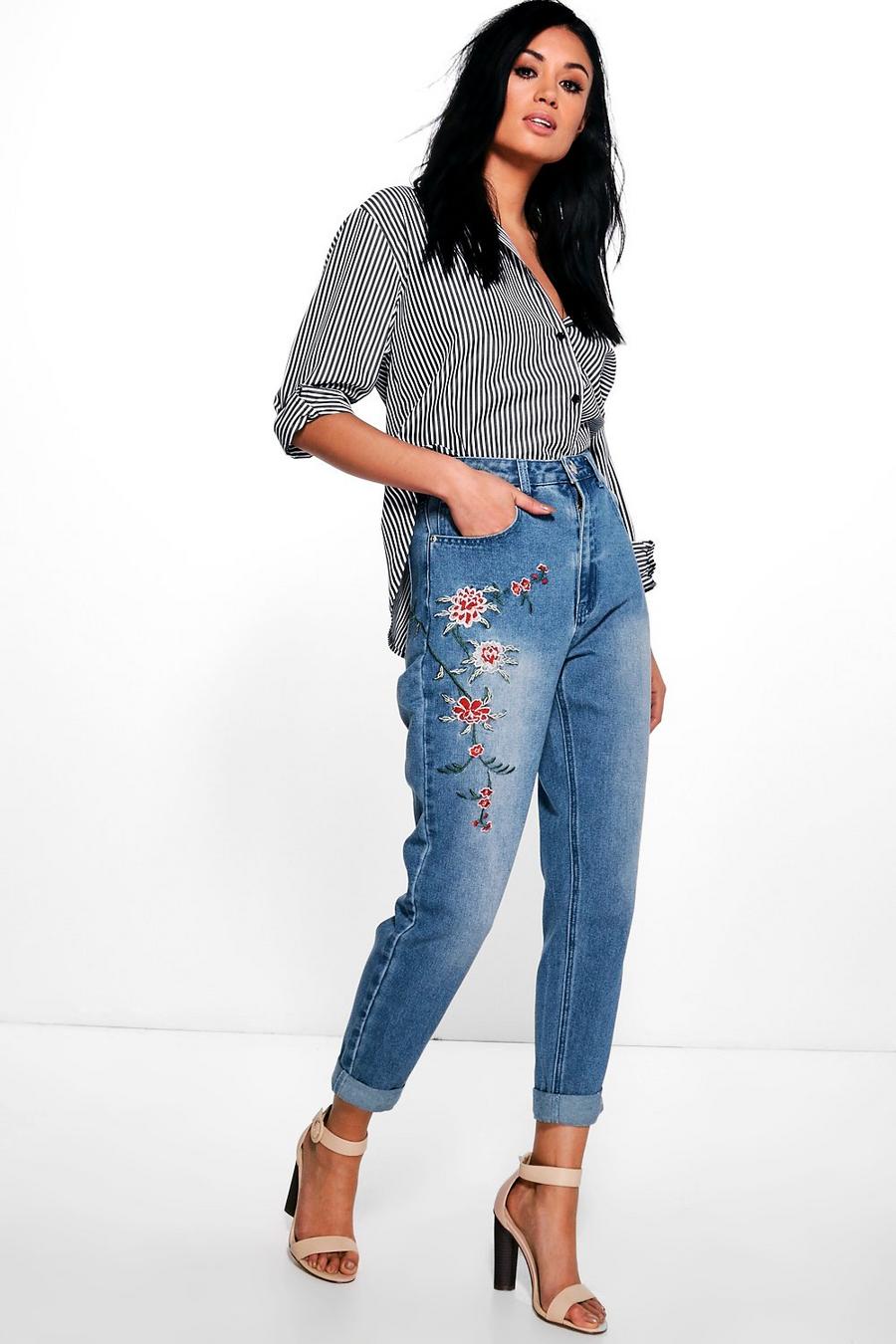 Blue High Waist Embroidered Mom Jeans image number 1