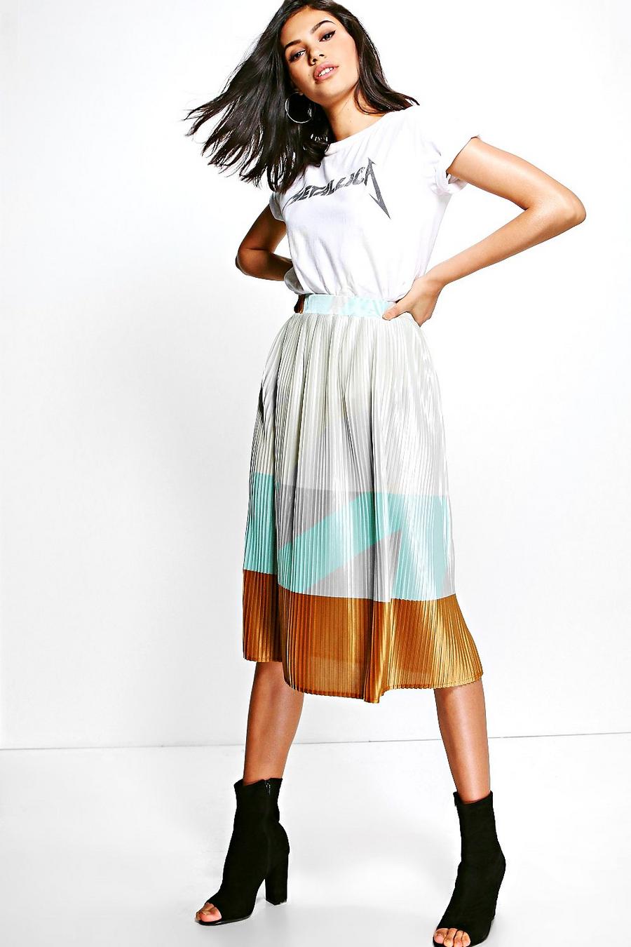 Multi Amelle Pleated Colour Block Satin Midi Skirt image number 1