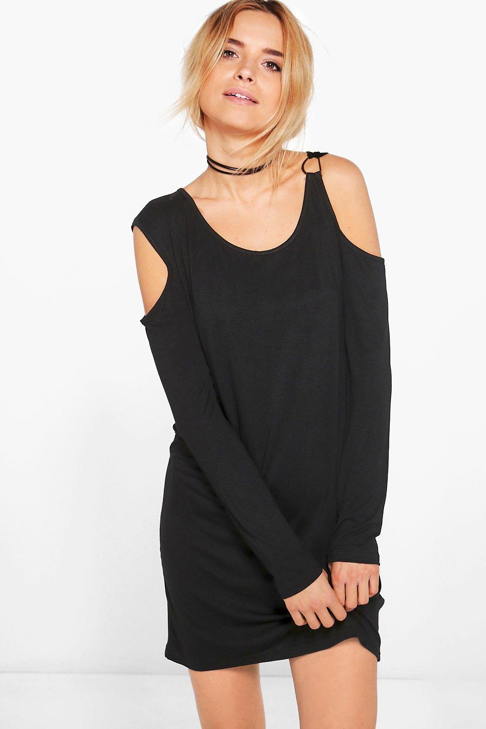 black cold shoulder shift dress