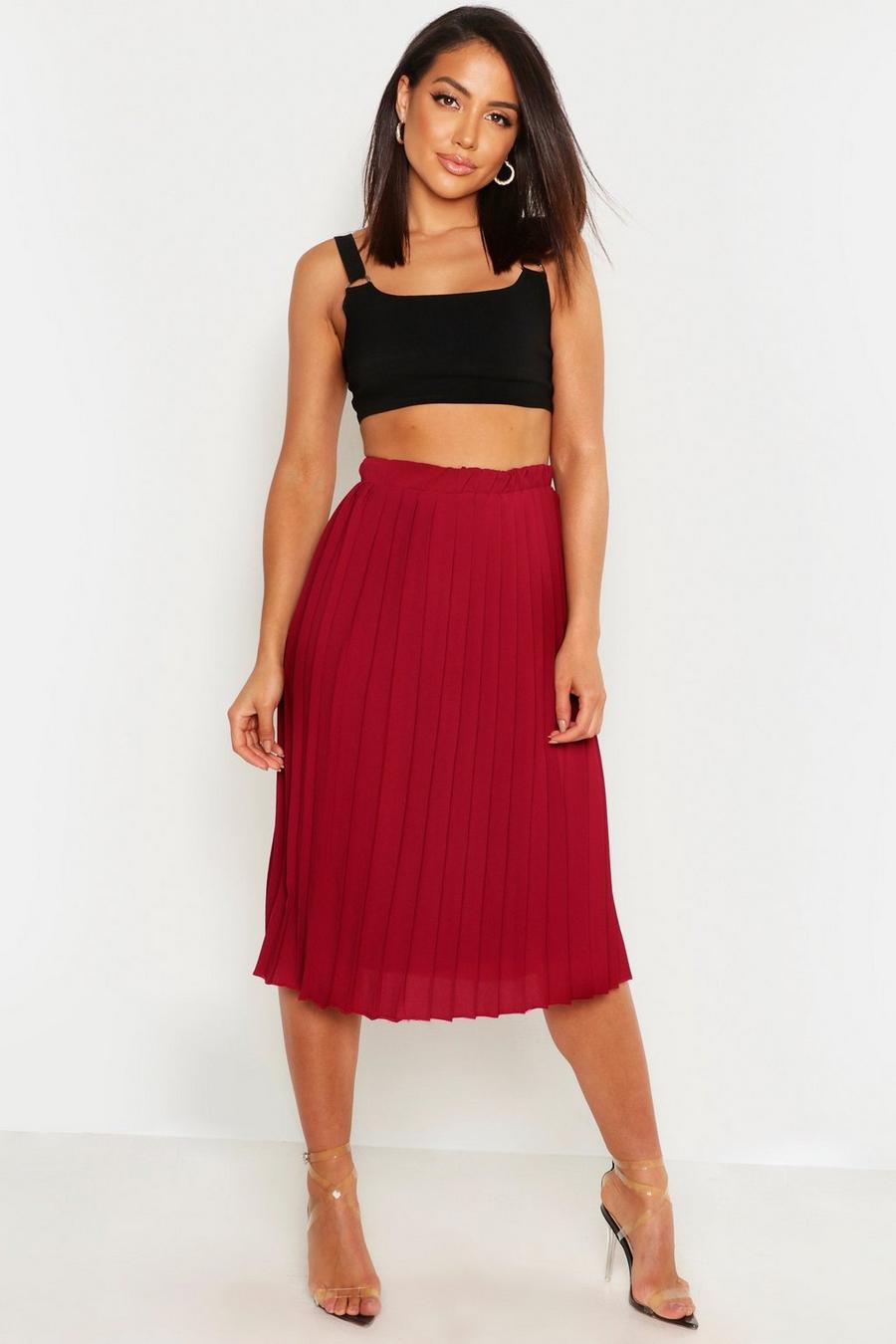 Berry red Crepe Pleated Midi Skirt image number 1