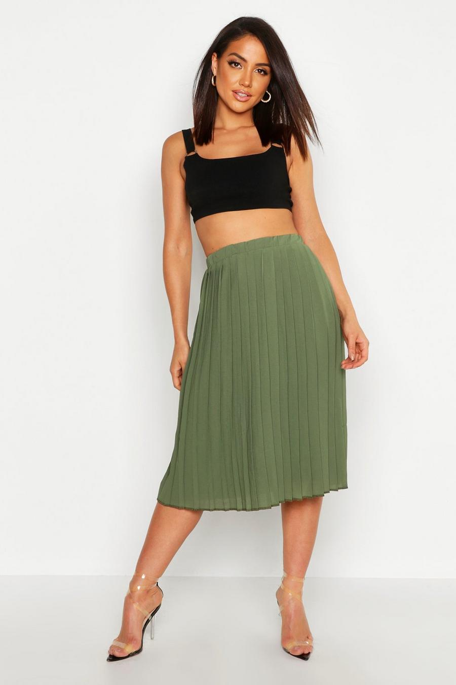 Khaki Crepe Pleated Midi Skirt image number 1