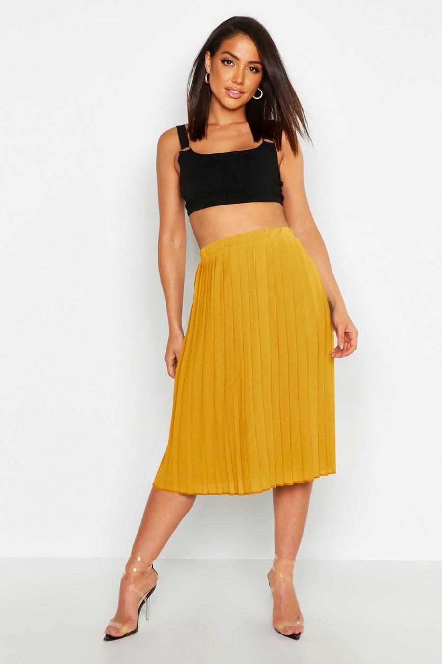 Mustard Crepe Pleated Midi Skirt image number 1