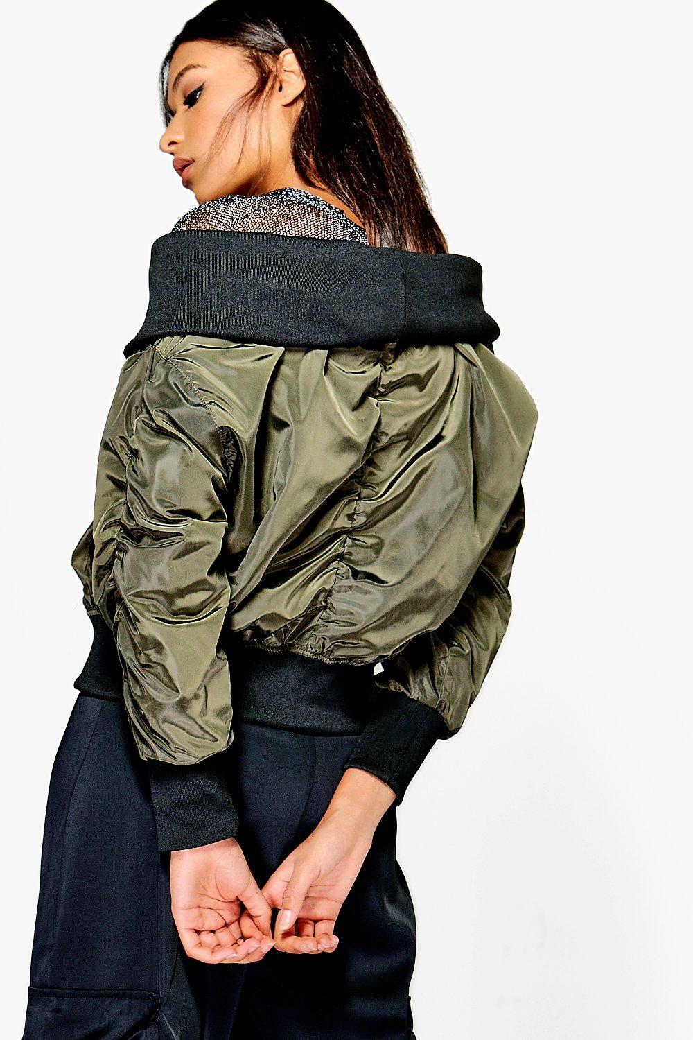 Georgina Off The Shoulder Bomber Jacket | boohoo USA Georgina Off The Shoulder Bomber Jacket | boohoo USA