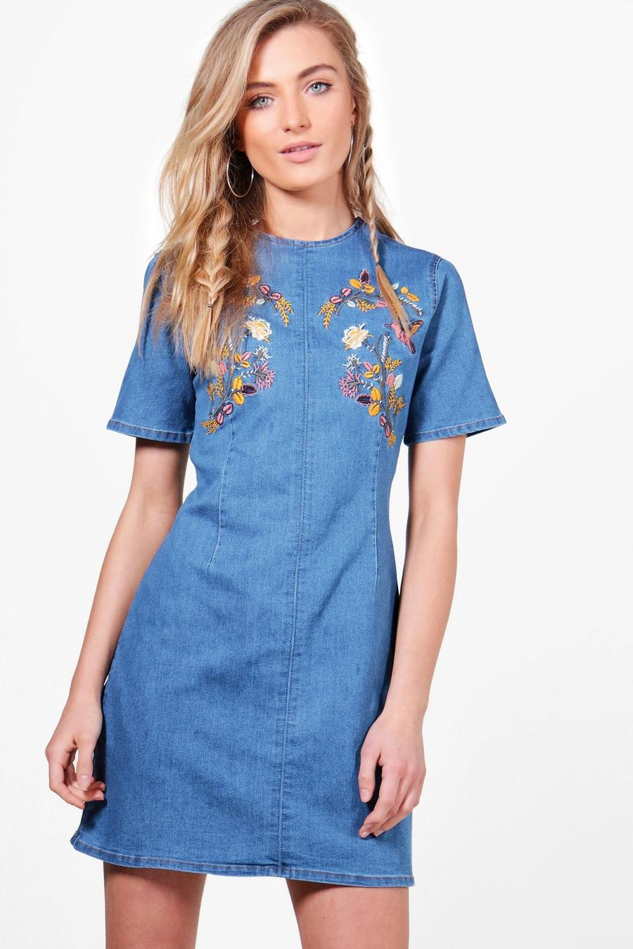 Mid blue Embroidered Denim Bodycon Dress image number 1