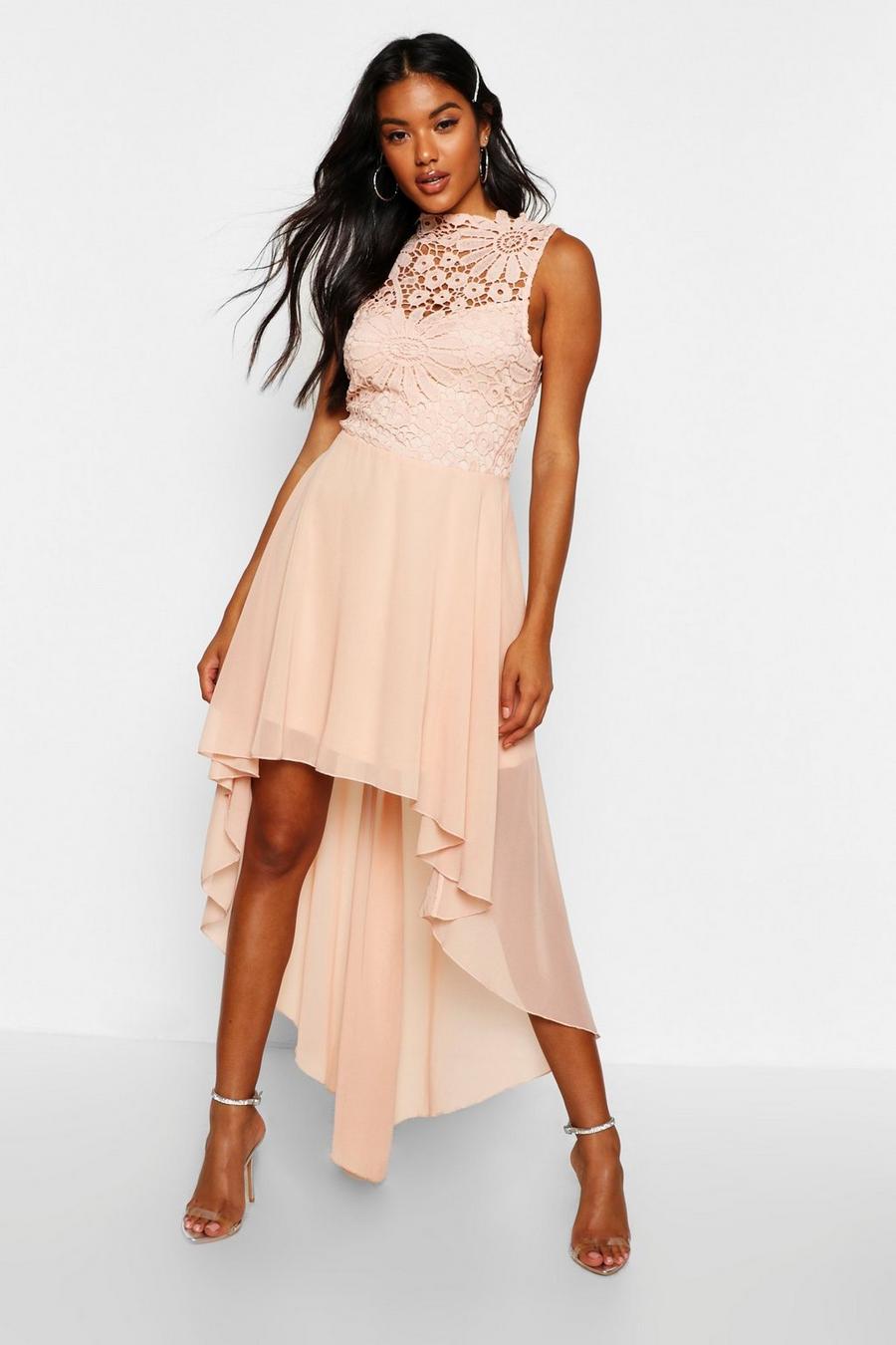 Blush pink Boutique Lace Chiffon Dip Hem Bridesmaid Dress
