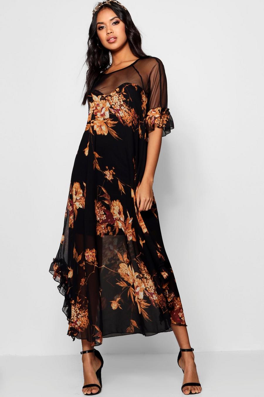 Boutique robe maxi florale à volants, Noir image number 1