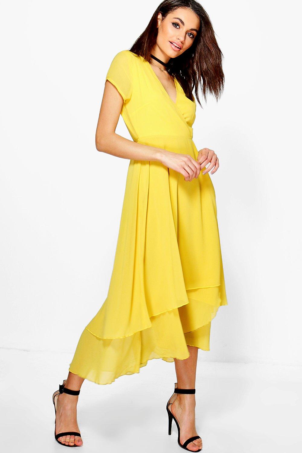 yellow ruffle midi dress