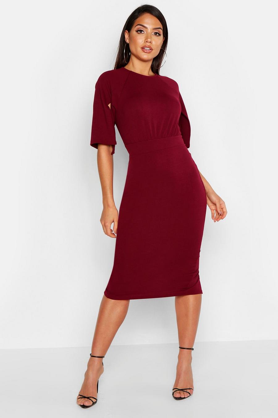 Berry rouge Split Sleeve Detail Wiggle Midi Dress image number 1