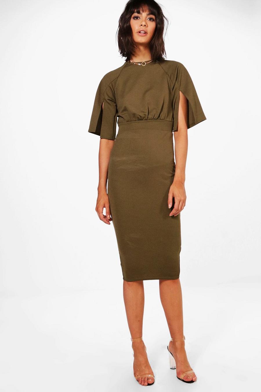 Khaki Split Sleeve Detail Wiggle Midi Dress image number 1