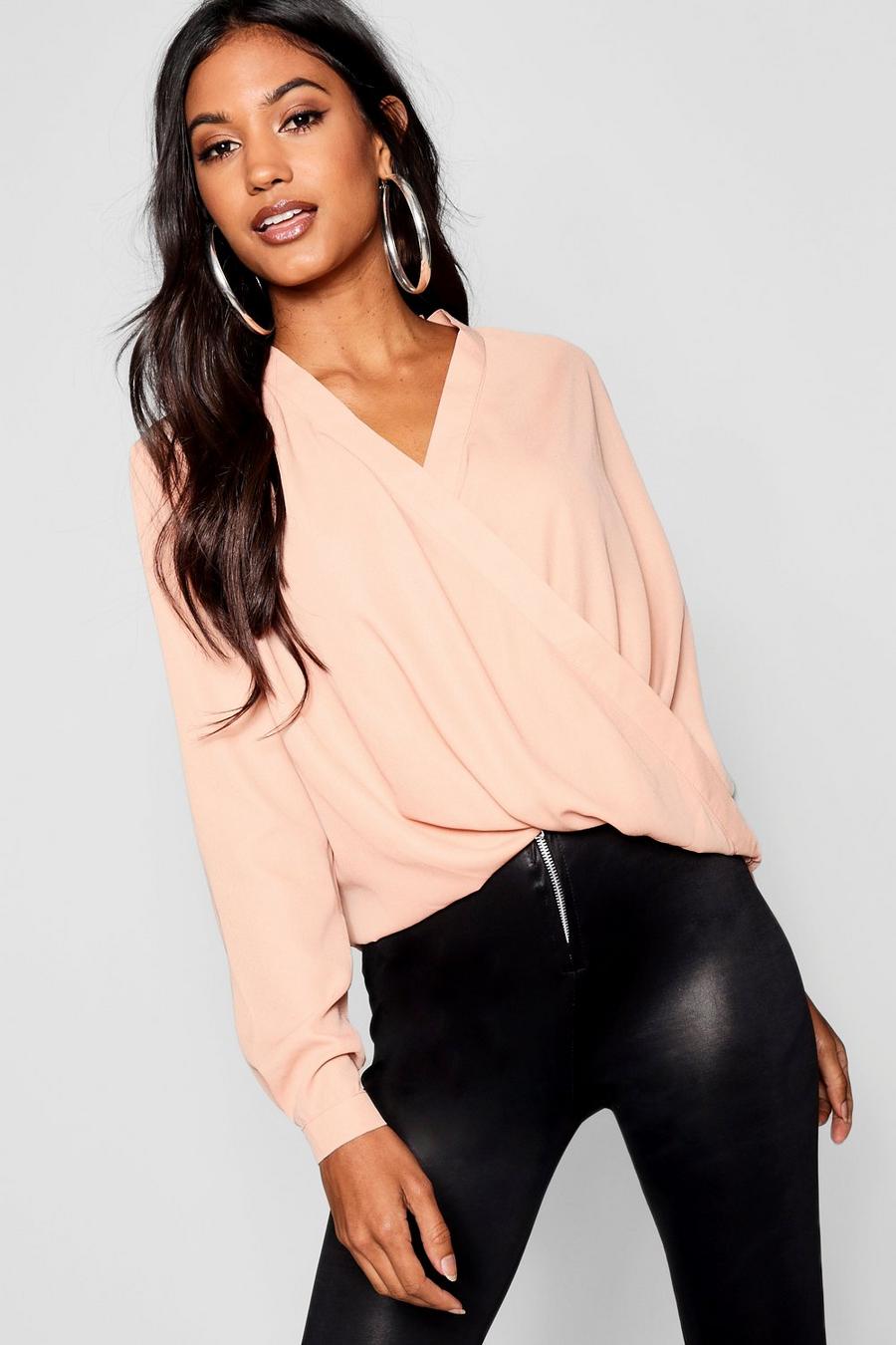 Nude Draped Long Sleeve Blouse image number 1