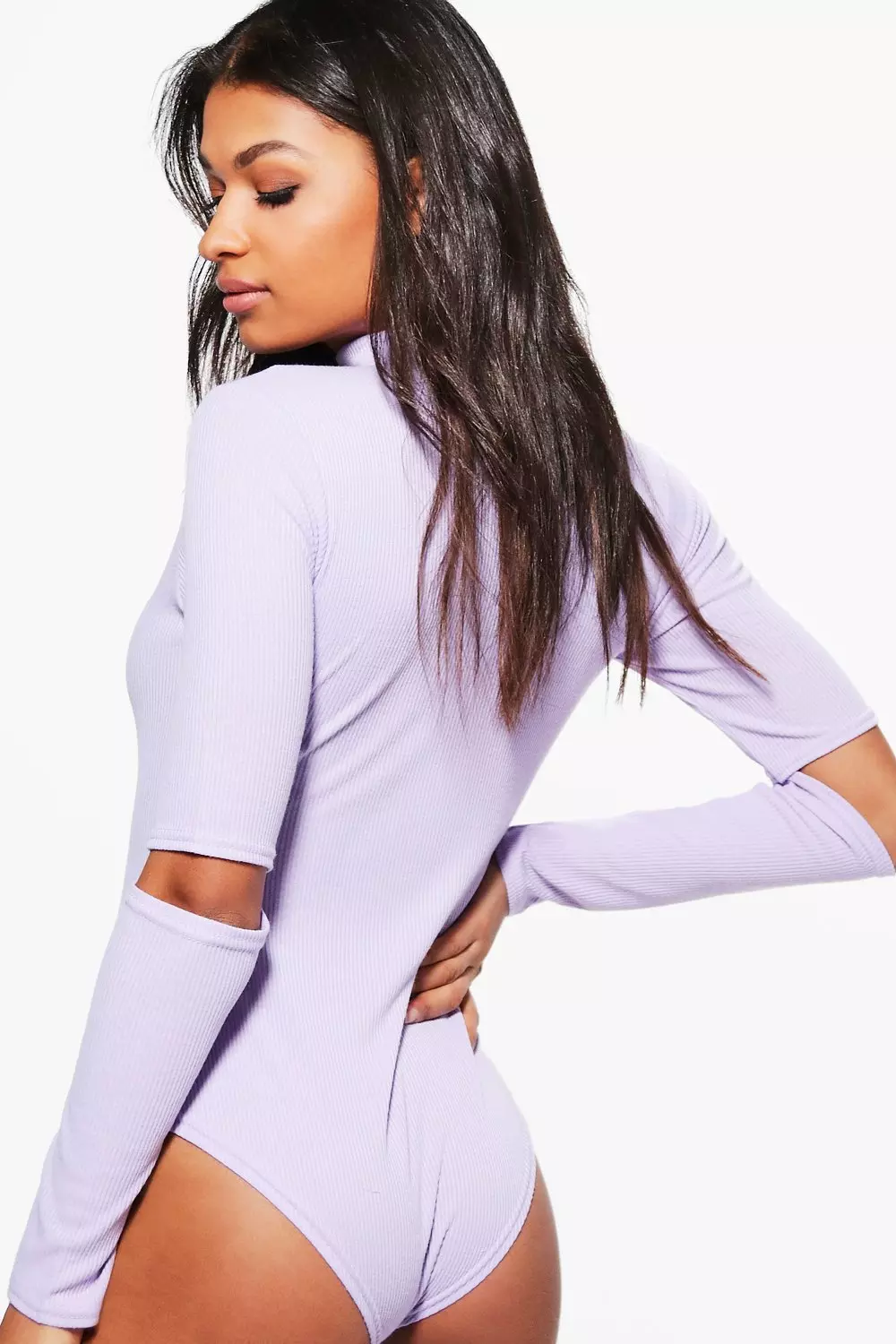 ★SCULPTOR★ Braided Bodysuit Lavender SC25S248PU Lavender Long Sleeve Turtleneck Zip Up Full Bodysuit Total