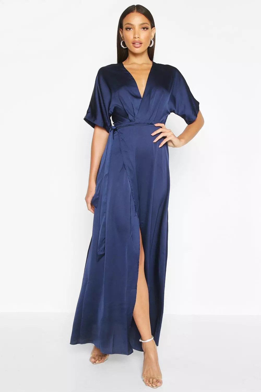 Satin kimono maxi dress hot sale