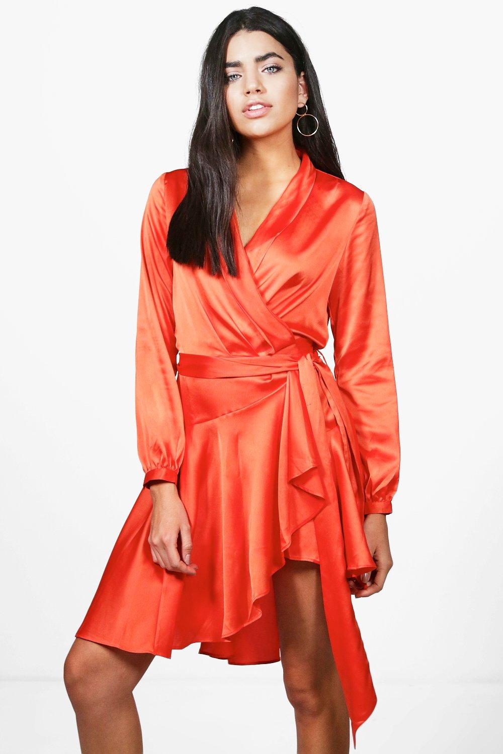 satin wrap skater dress