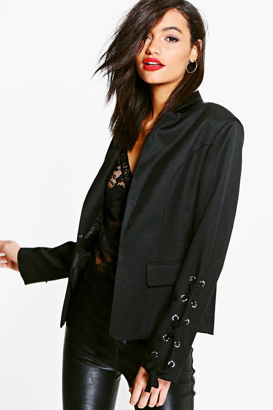 Black Rebecca Lace Up Sleeve Woven Lined Blazer image number 1