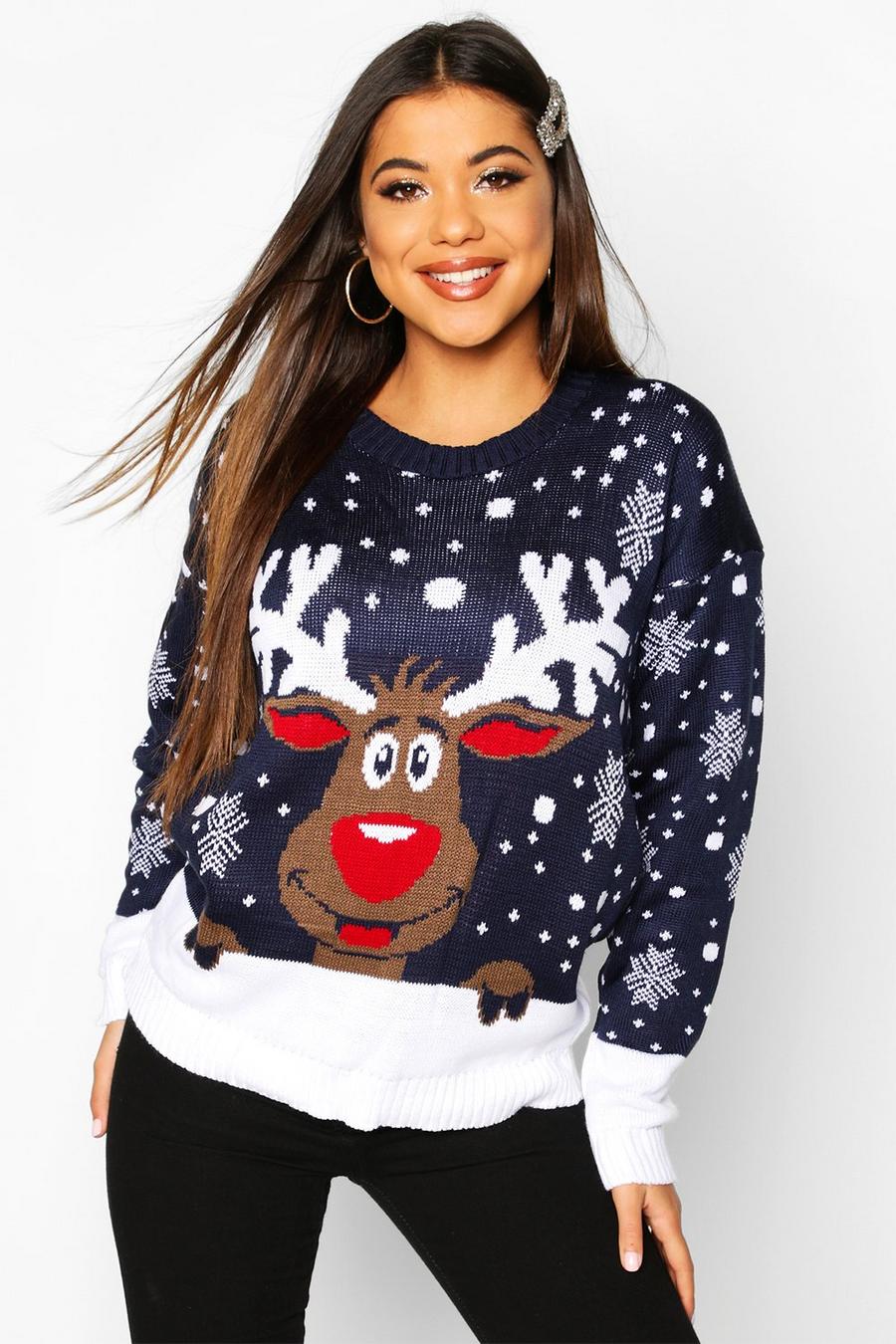 Navy Reindeer Christmas Jumper image number 1
