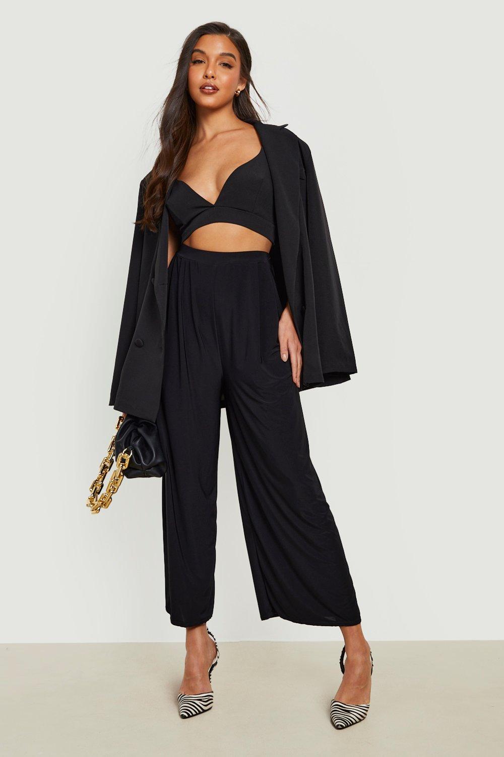 black pleated cropped trousers