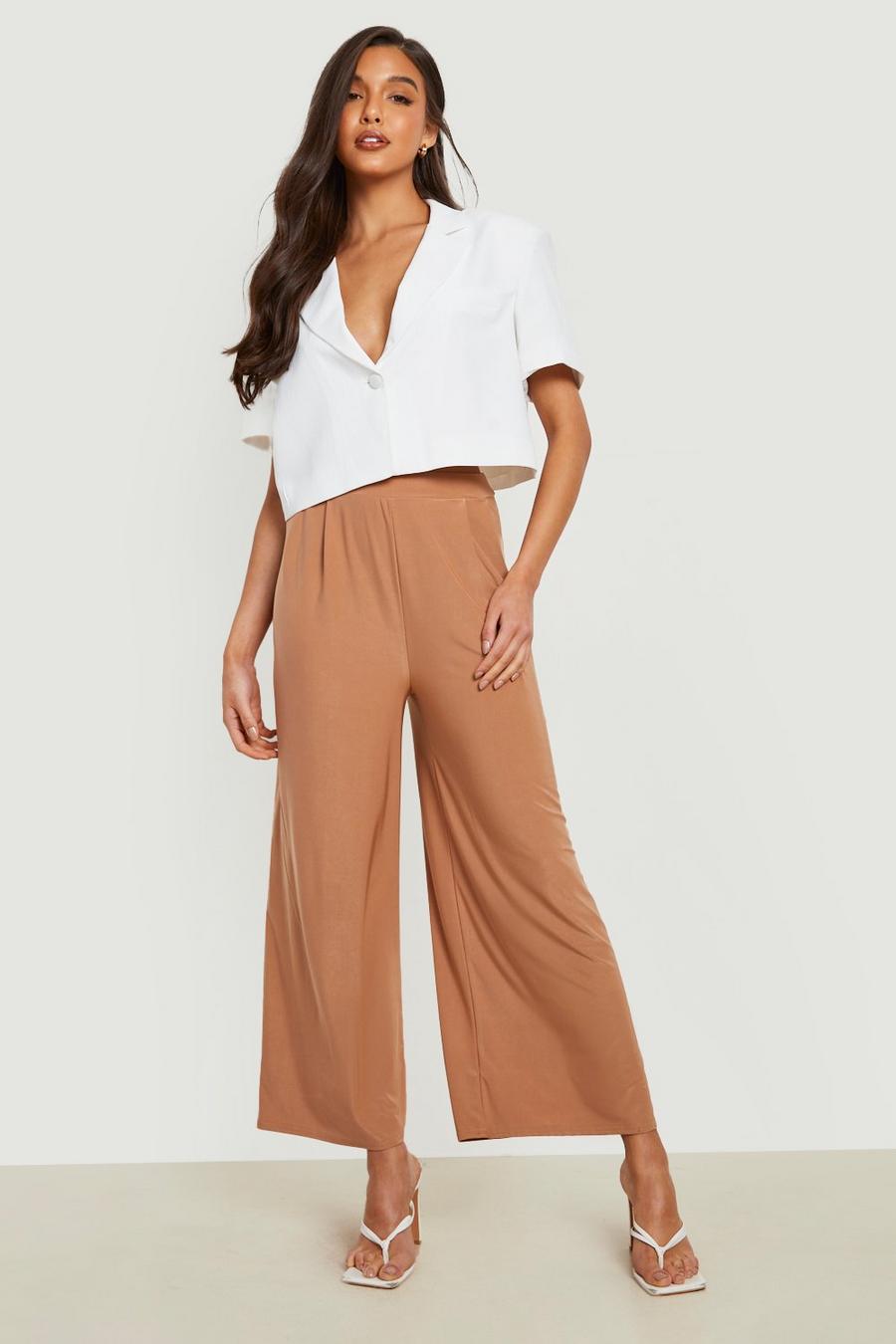 Tan Slinky Pleated Wide Leg Cropped Pants image number 1