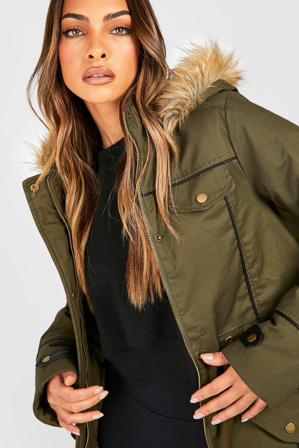 Ladies parka with fur trimmed hood deals