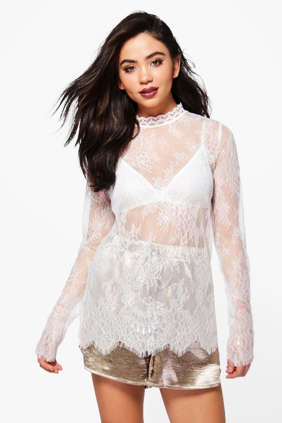 White Paige Lace High Neck Top image number 1