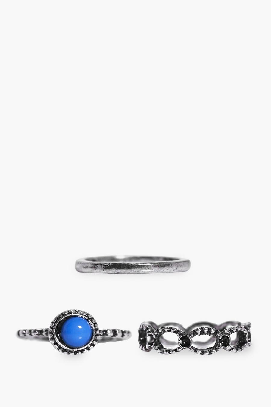 Silver argent Ivy Mixed Design Blue Stone Stack 3 Ring Pack image number 1