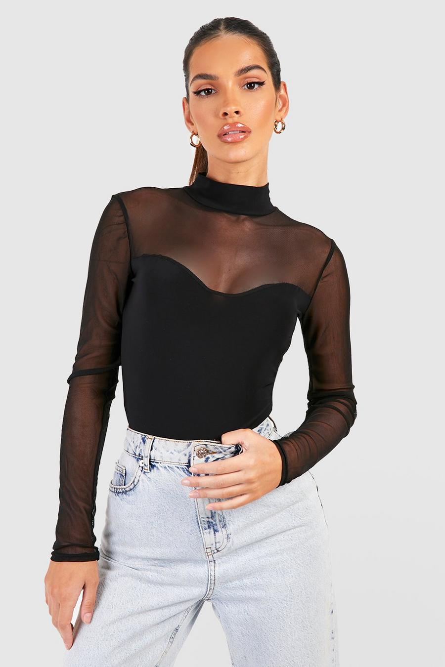 Express Fitted Mesh Pieced Mock Neck Long Sleeve Bodysuit Black