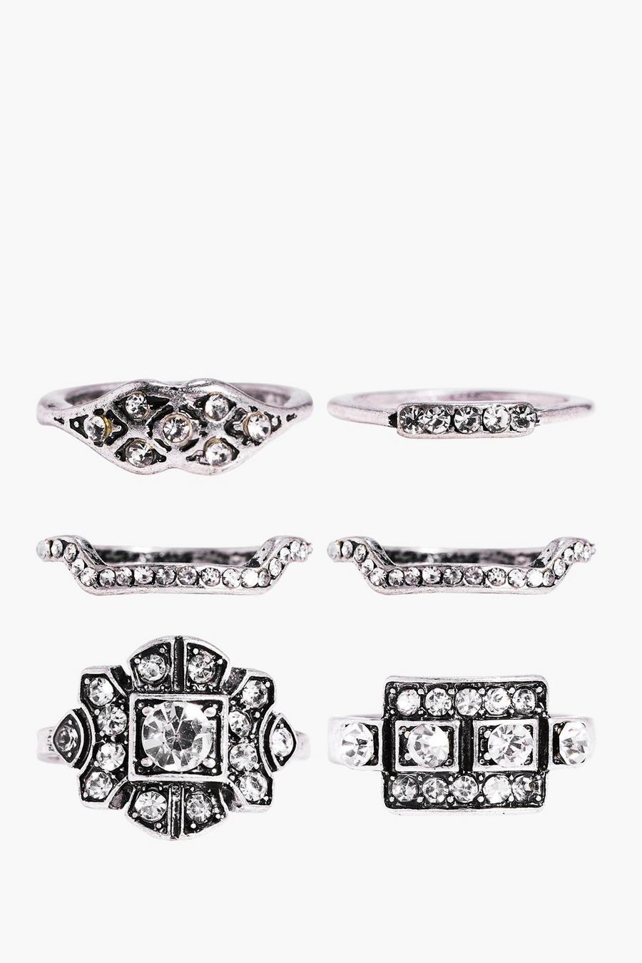 Silver India Mixed Design Boho 6 Piece Ring Set image number 1