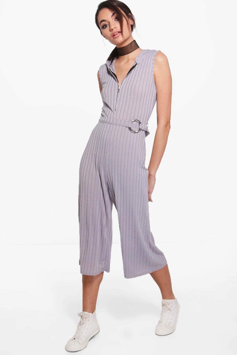 Sofia Zip Front Hooded Ribbed Jumpsuit image number 1