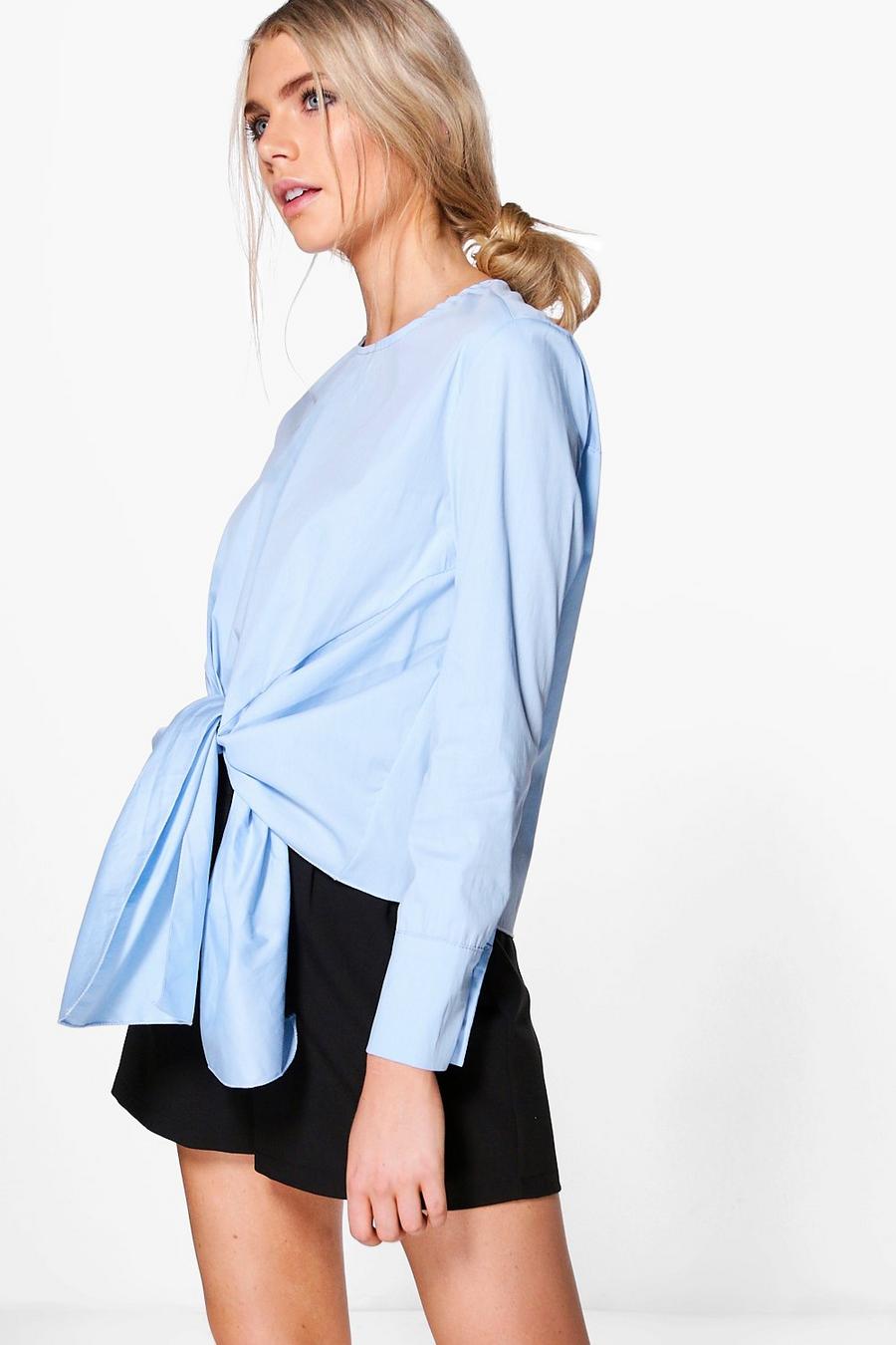 Blue Lydia Knot Front Long Sleeve Woven Shirt image number 1