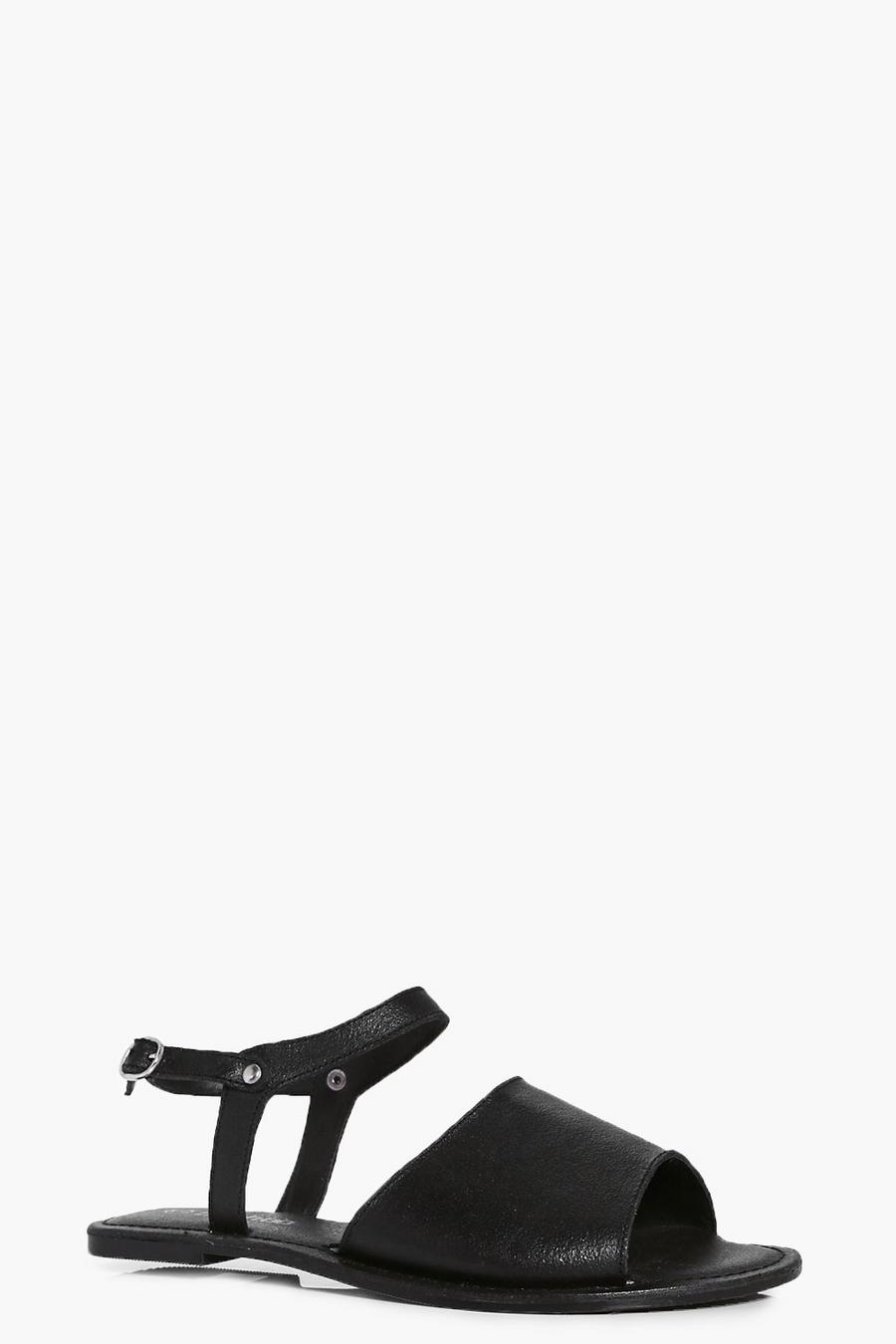 Black Peeptoe Ankle Strap Leather Flat Mule Sandals image number 1