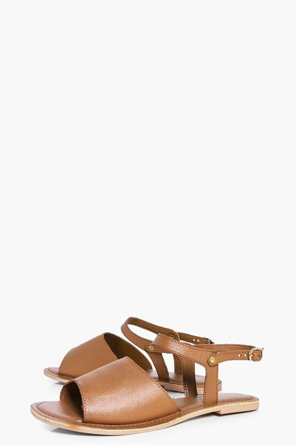 Peeptoe Ankle Strap Leather Flat Mule Sandals