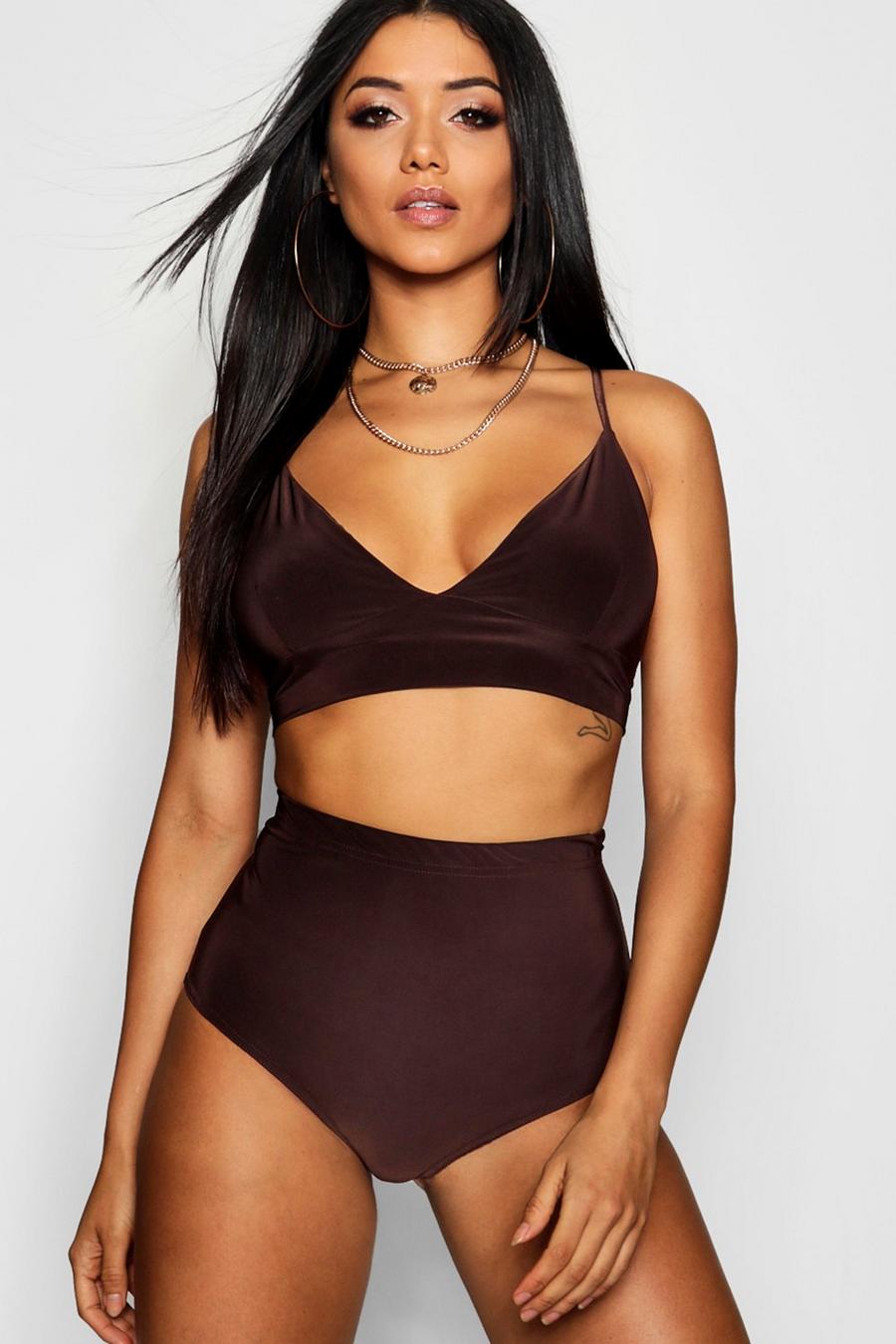Chocolate Slinky Triangle Bralet & Booty Short Two-Piece Set image number 1